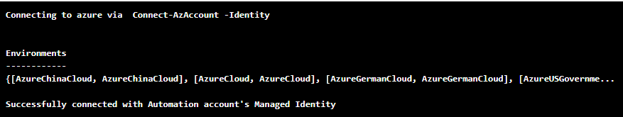 Azure Automation Account successful connectivity to Azure running as an MSI