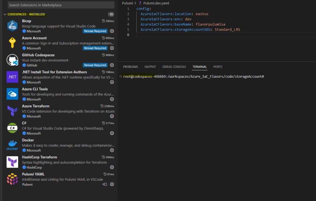 Screen shot of VSCode in a Codespace highlighting the extensions and terminal indicate are remote session contained in Codespaces
