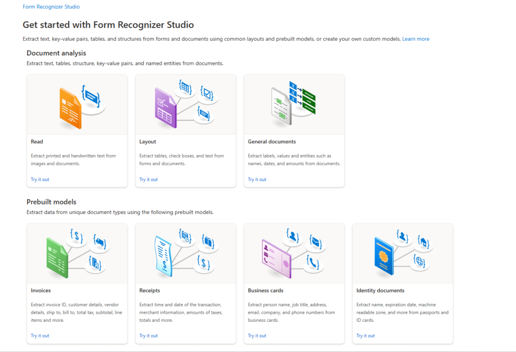 Screenshot of Azure Form Recognizer Studio